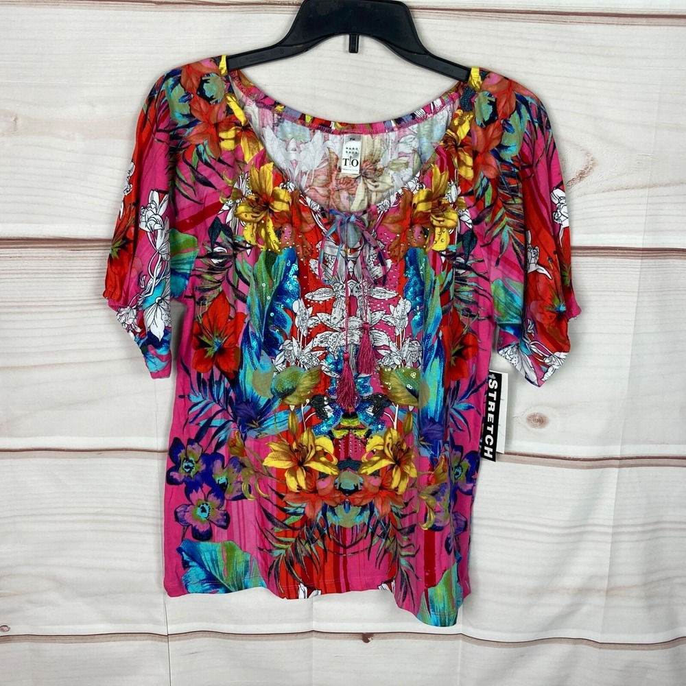 Thomas & Olivia Top Womens PM Floral Colorful Blouse Tie Neck Knit Short Sleeve